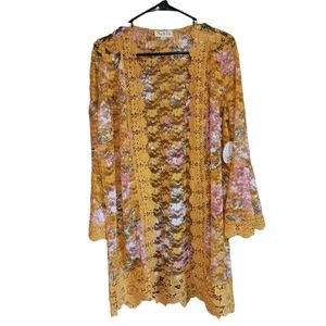 Jolie & Joy Lace Open Front Kimono Yellow And Pink NWT